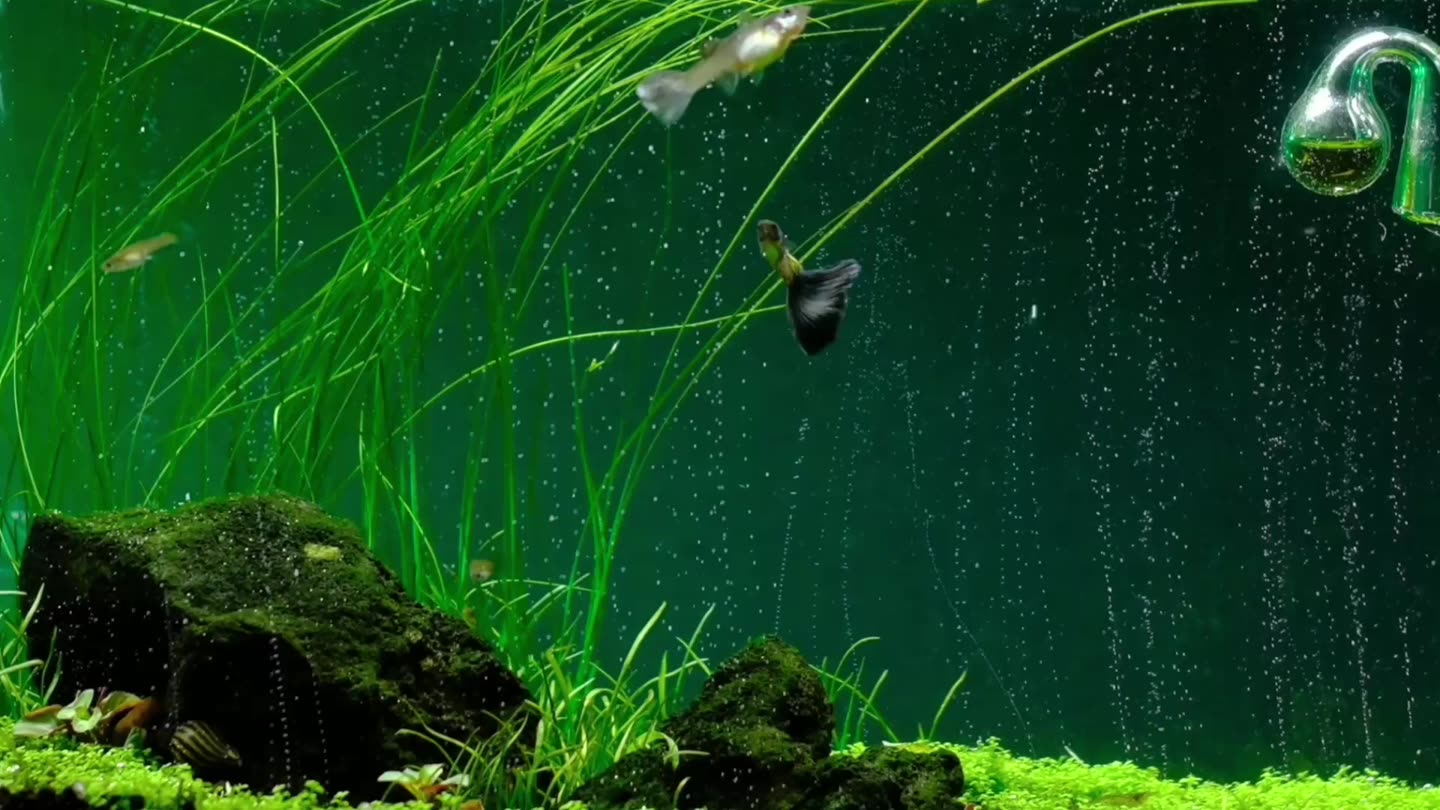 A planted aquarium with a dense green carpet; a glass diffuser releases a fine mist of CO2